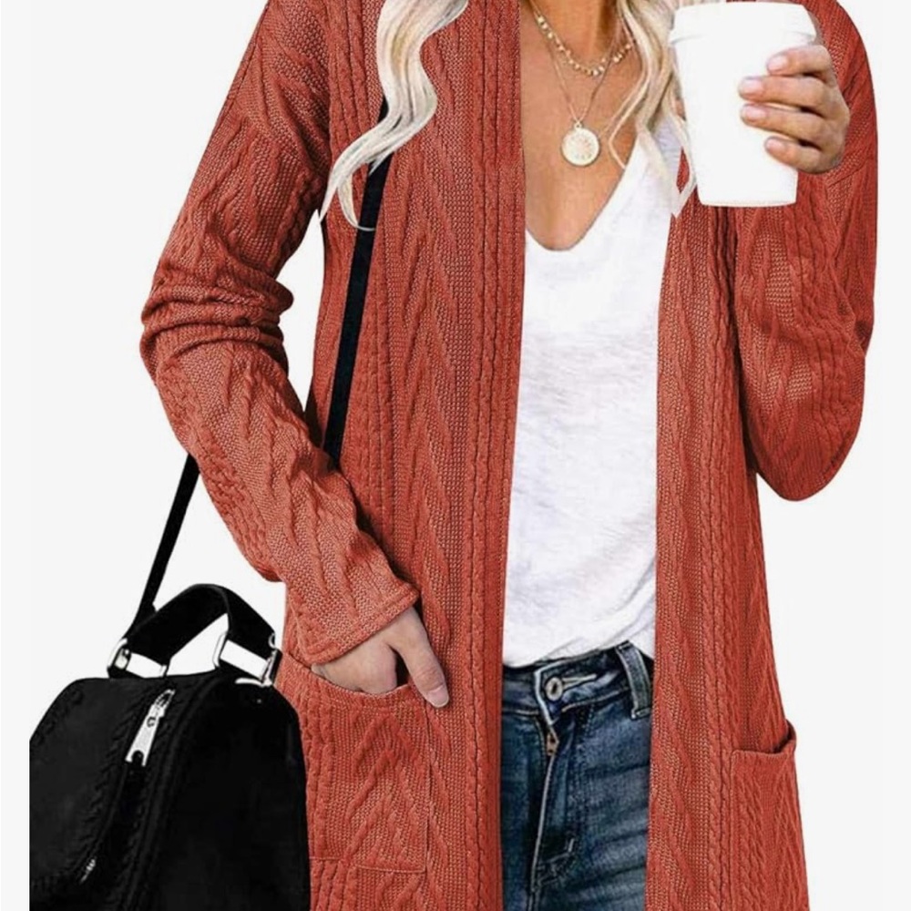 Merokeety long open front cardigan sweater with pockets in orange Rust - Picture 2 of 2
